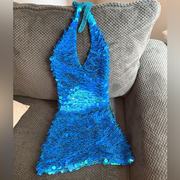 My Beachy Side Blue Sequin Halter Dress Brand New - Picture 7 of 7